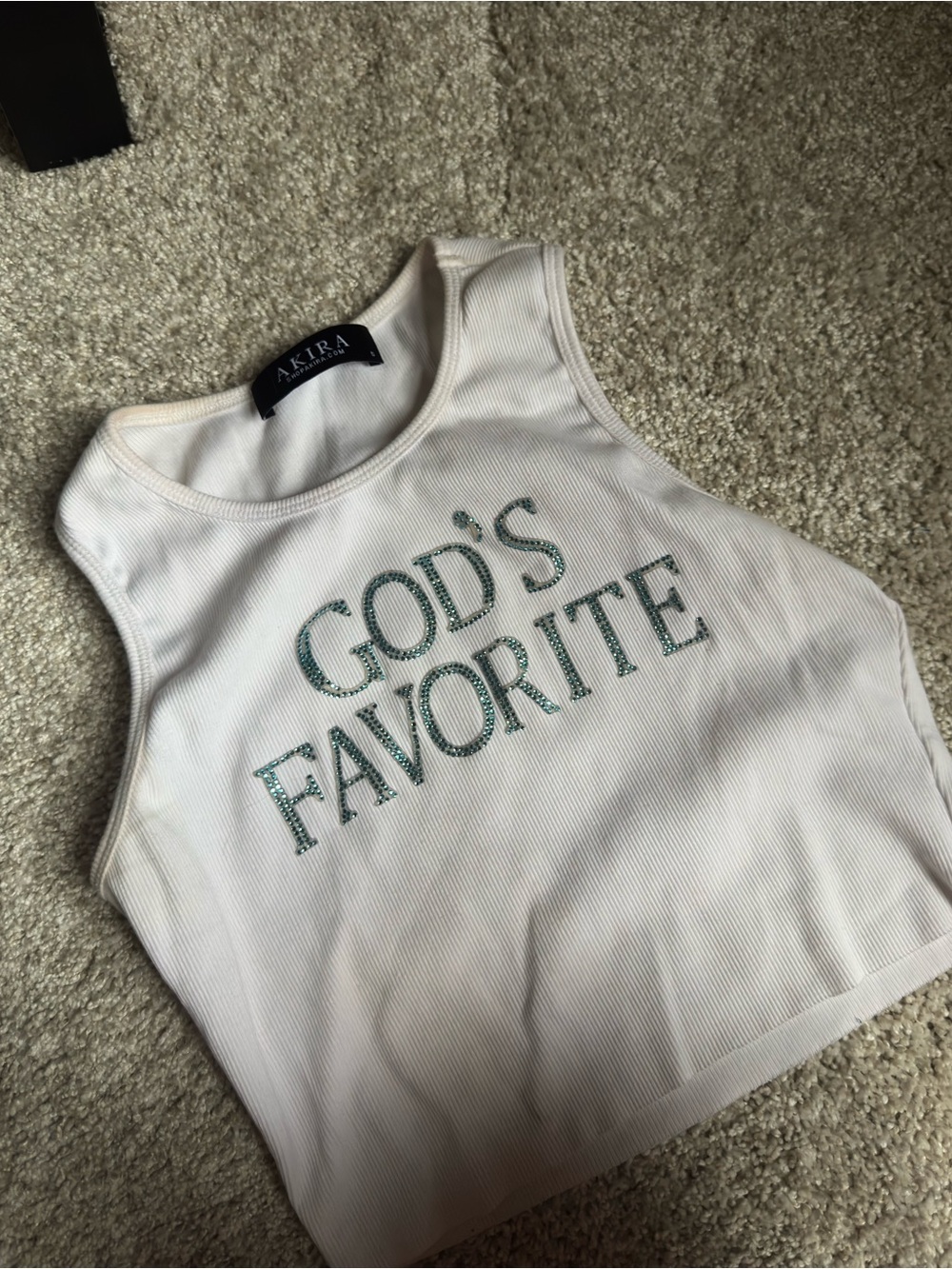 White Tank Top with Crystal Rhinestone Aqua Teal "God's Favorite" Graphic